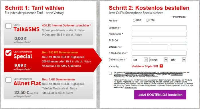 Vodafone CallYa Bestellablauf